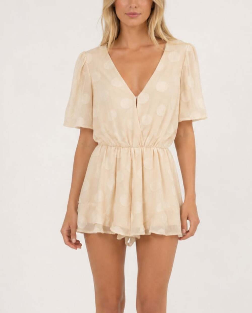 She + Sky Polka Dot Cream Romper Elastic Waist Short Sleeves - Size S